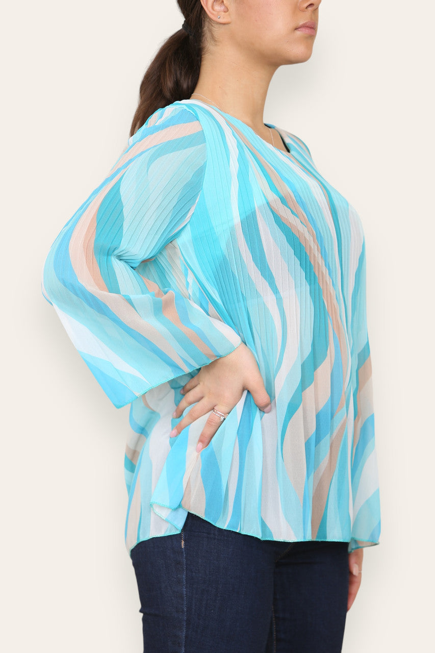 SWIRL LINES PRINT PLEATED BLOUSE TOP TURQUOISE