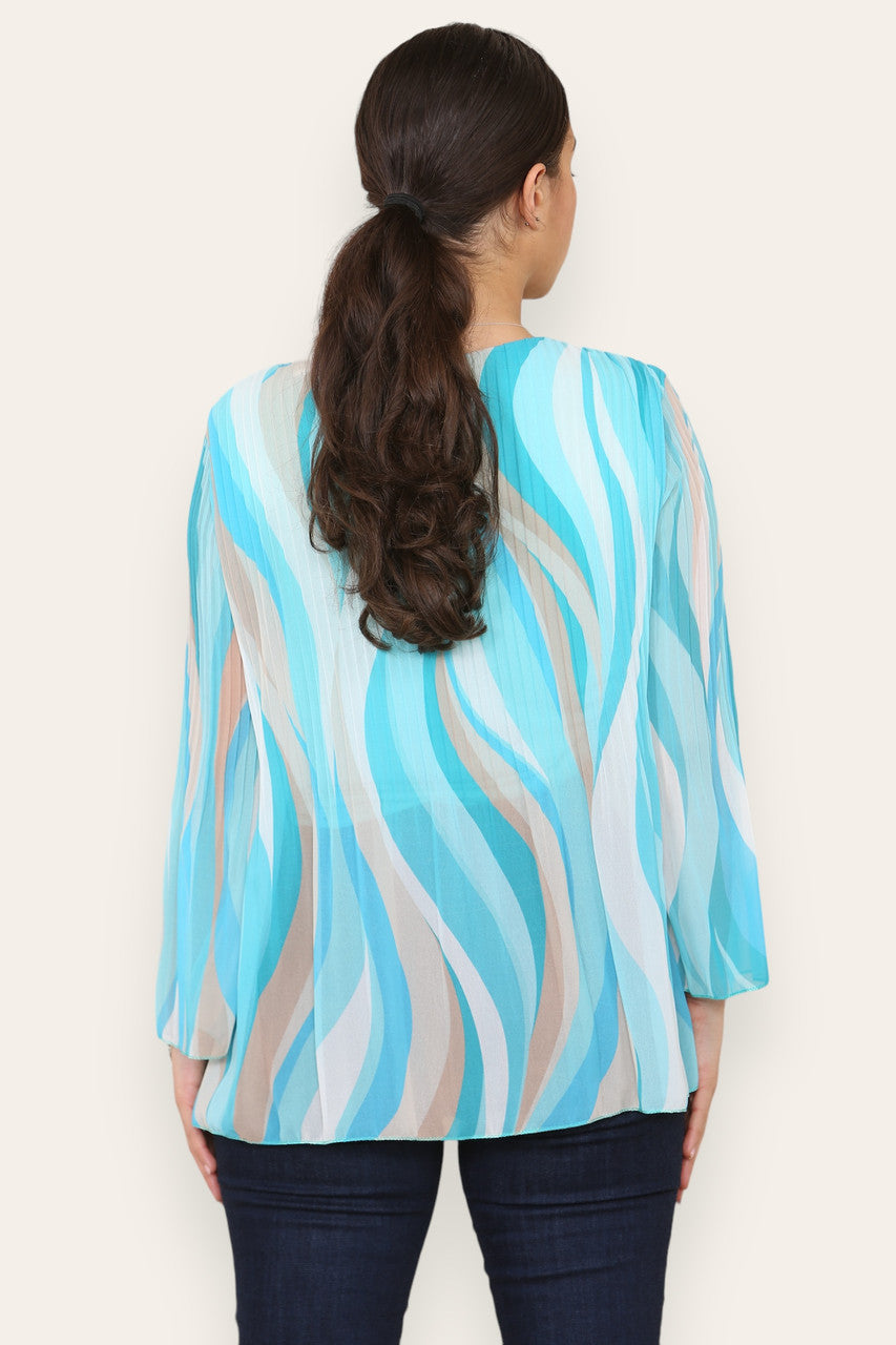 SWIRL LINES PRINT PLEATED BLOUSE TOP TURQUOISE