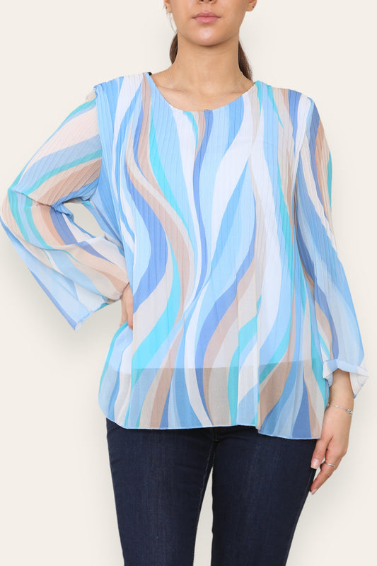 SWIRL LIJNEN PRINT GEPLOOIDE BLOUSE TOP LICHTBLAUW