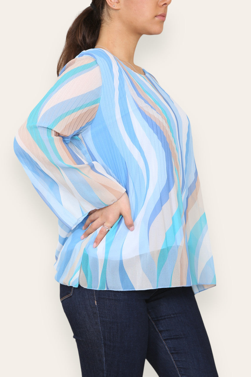 SWIRL LINES PRINT PLEATED BLOUSE TOP LIGHT BLUE