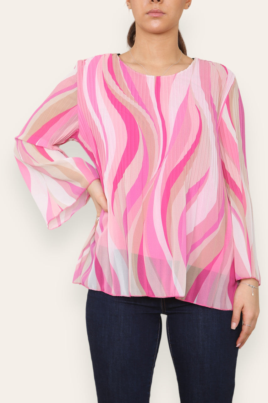 SWIRL LINES PRINT PLEATED BLOUSE TOP PINK