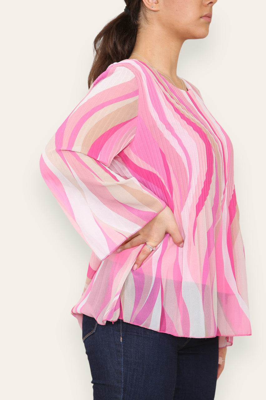 SWIRL LINES PRINT PLEATED BLOUSE TOP PINK