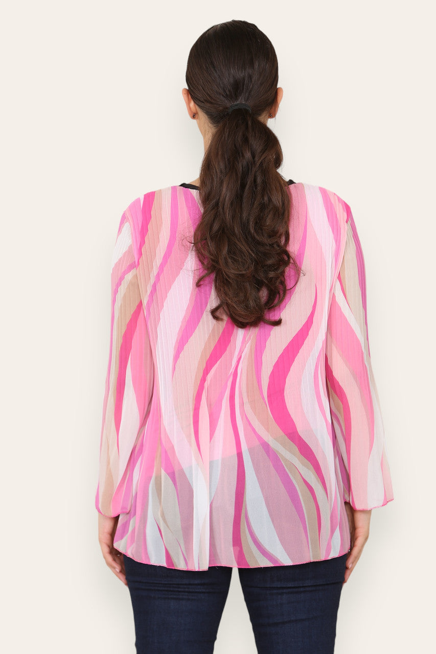 SWIRL LINES PRINT PLEATED BLOUSE TOP PINK