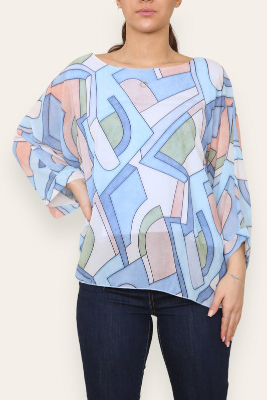 GEOMETRIC SHAPES PRINT BLOUSE TOP LIGHT BLUE