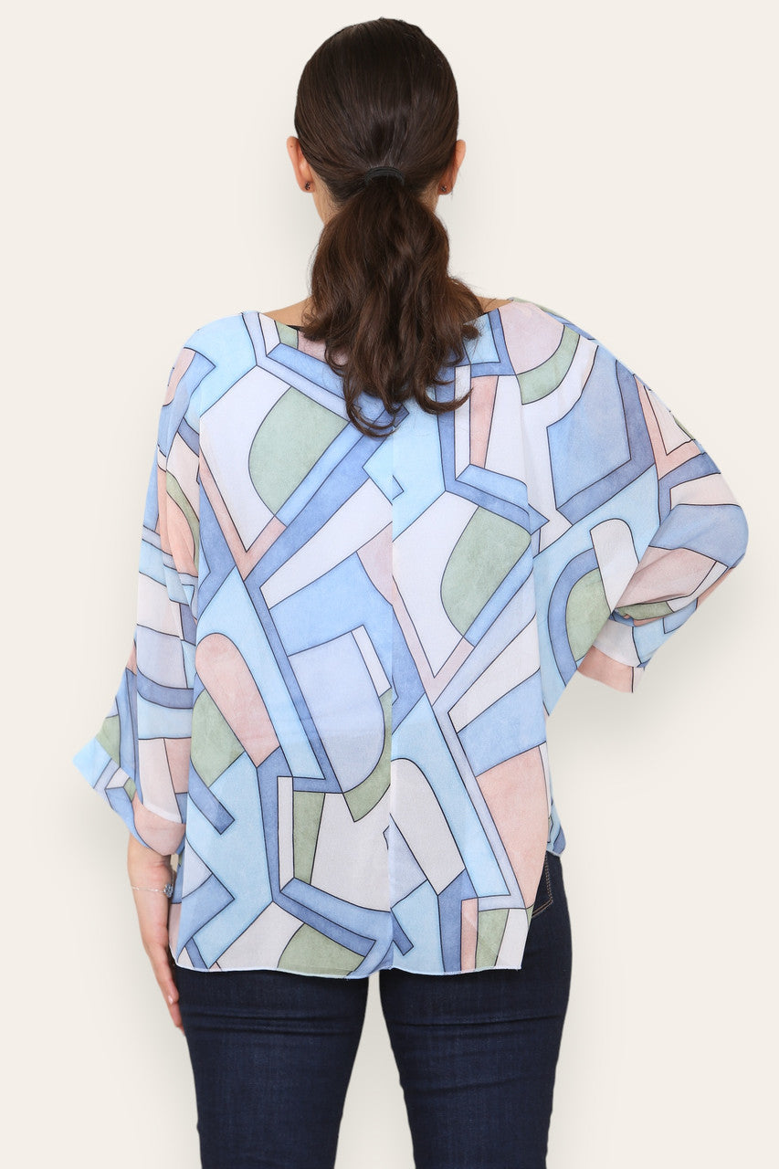 GEOMETRIC SHAPES PRINT BLOUSE TOP LIGHT BLUE