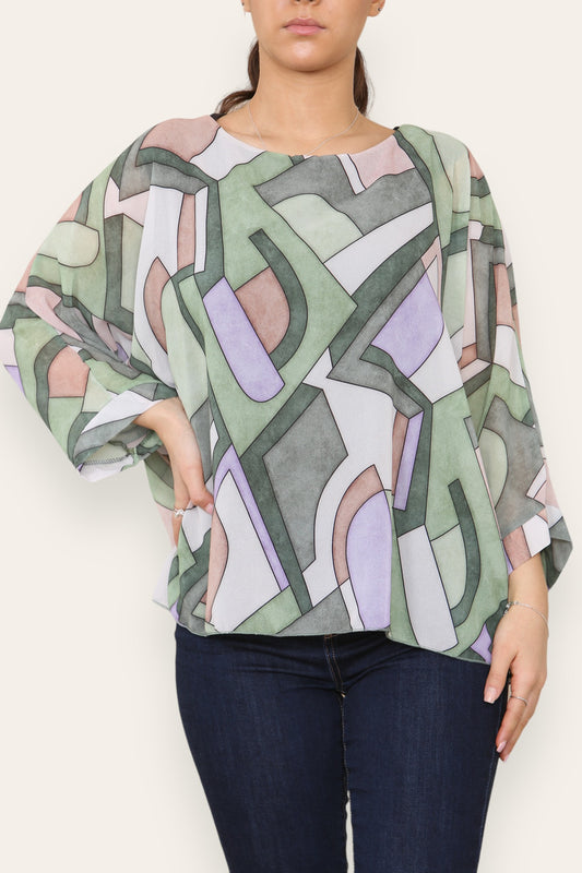 GEOMETRIC SHAPES PRINT BLOUSE TOP KHAKI