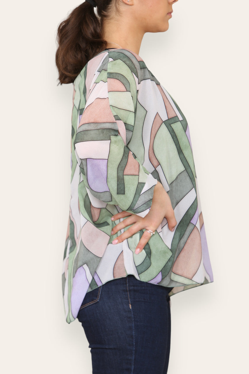 GEOMETRIC SHAPES PRINT BLOUSE TOP KHAKI