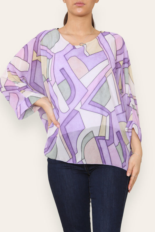 GEOMETRIC SHAPES PRINT BLOUSE TOP LILAC