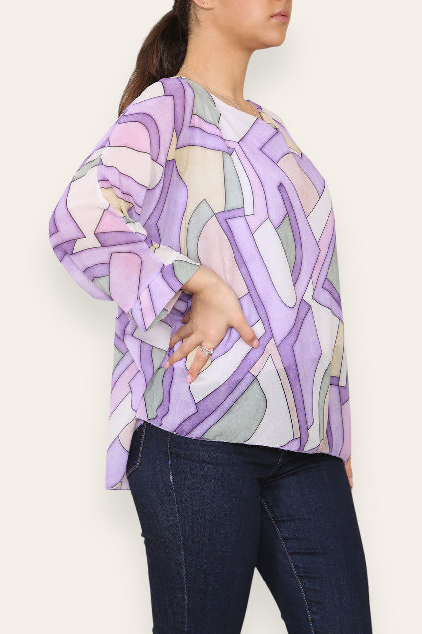 GEOMETRIC SHAPES PRINT BLOUSE TOP LILAC