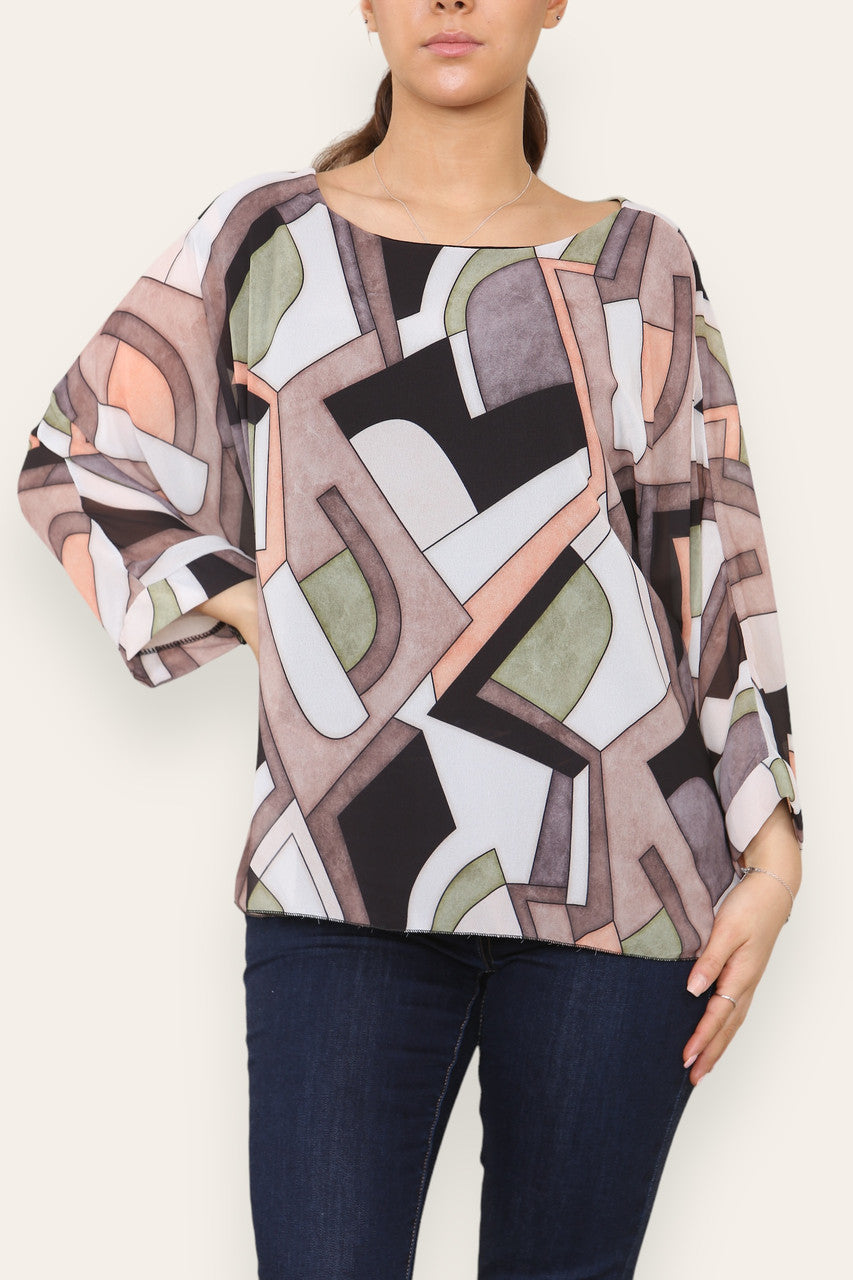 GEOMETRIC SHAPES PRINT BLOUSE TOP BLACK