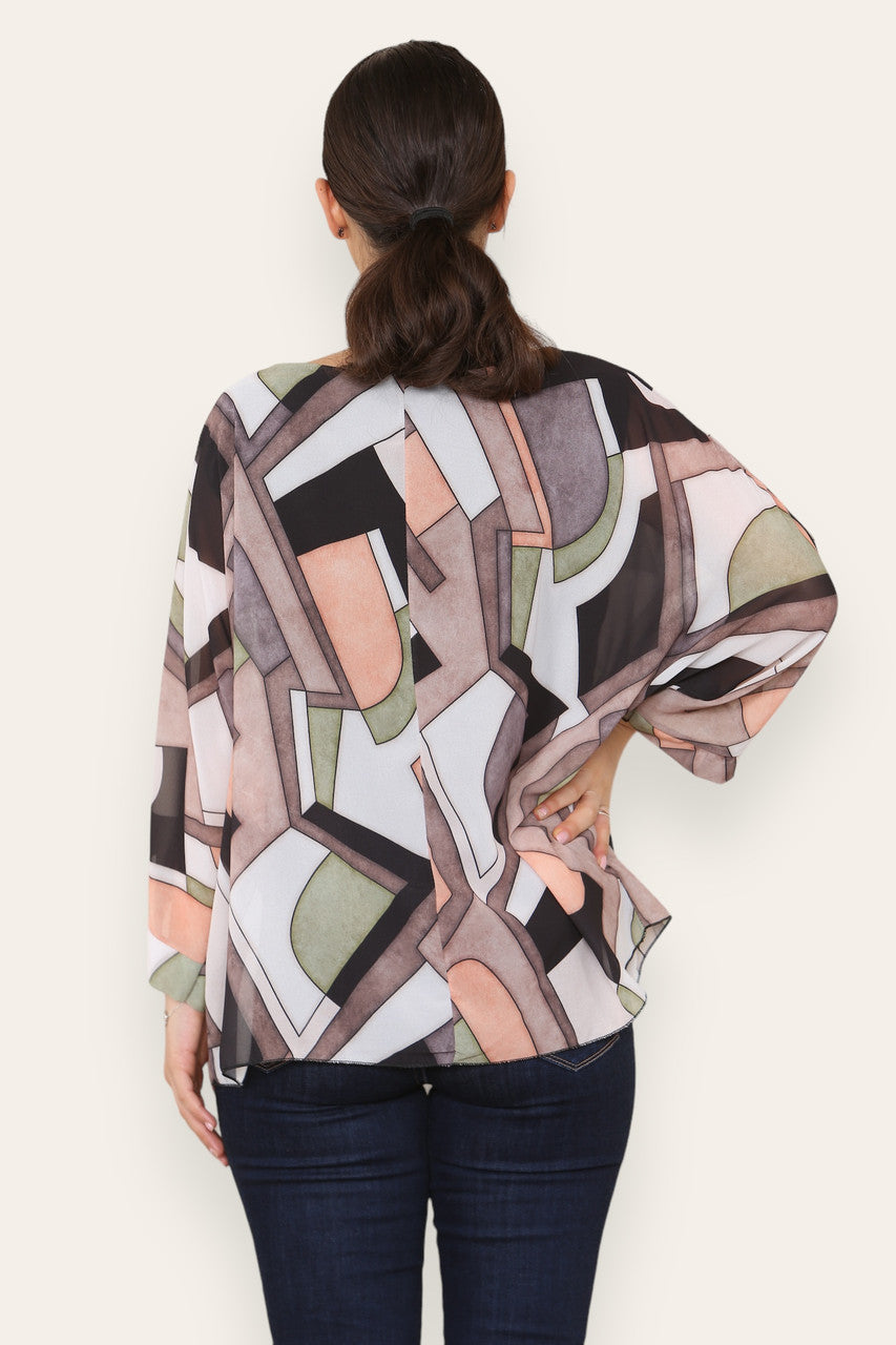 GEOMETRIC SHAPES PRINT BLOUSE TOP BLACK