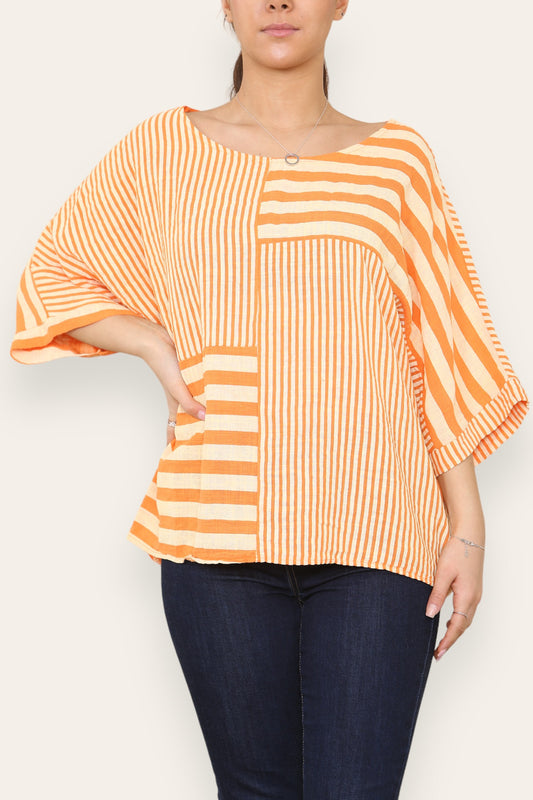 STREEP BLOKPRINT TOP ORANJE