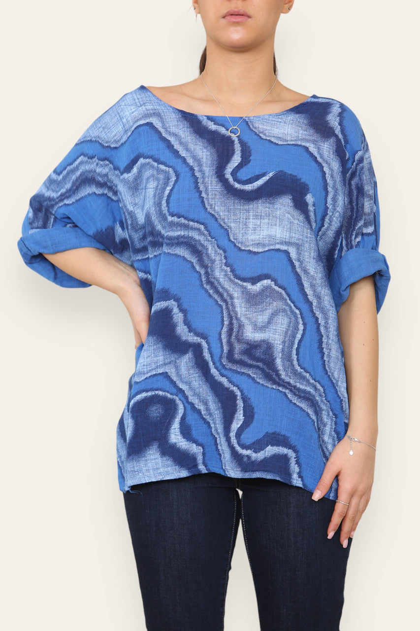 MARBLE SWIRL PRINT TOP ROYAL BLUE