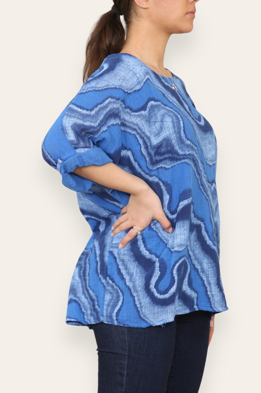 MARBLE SWIRL PRINT TOP ROYAL BLUE