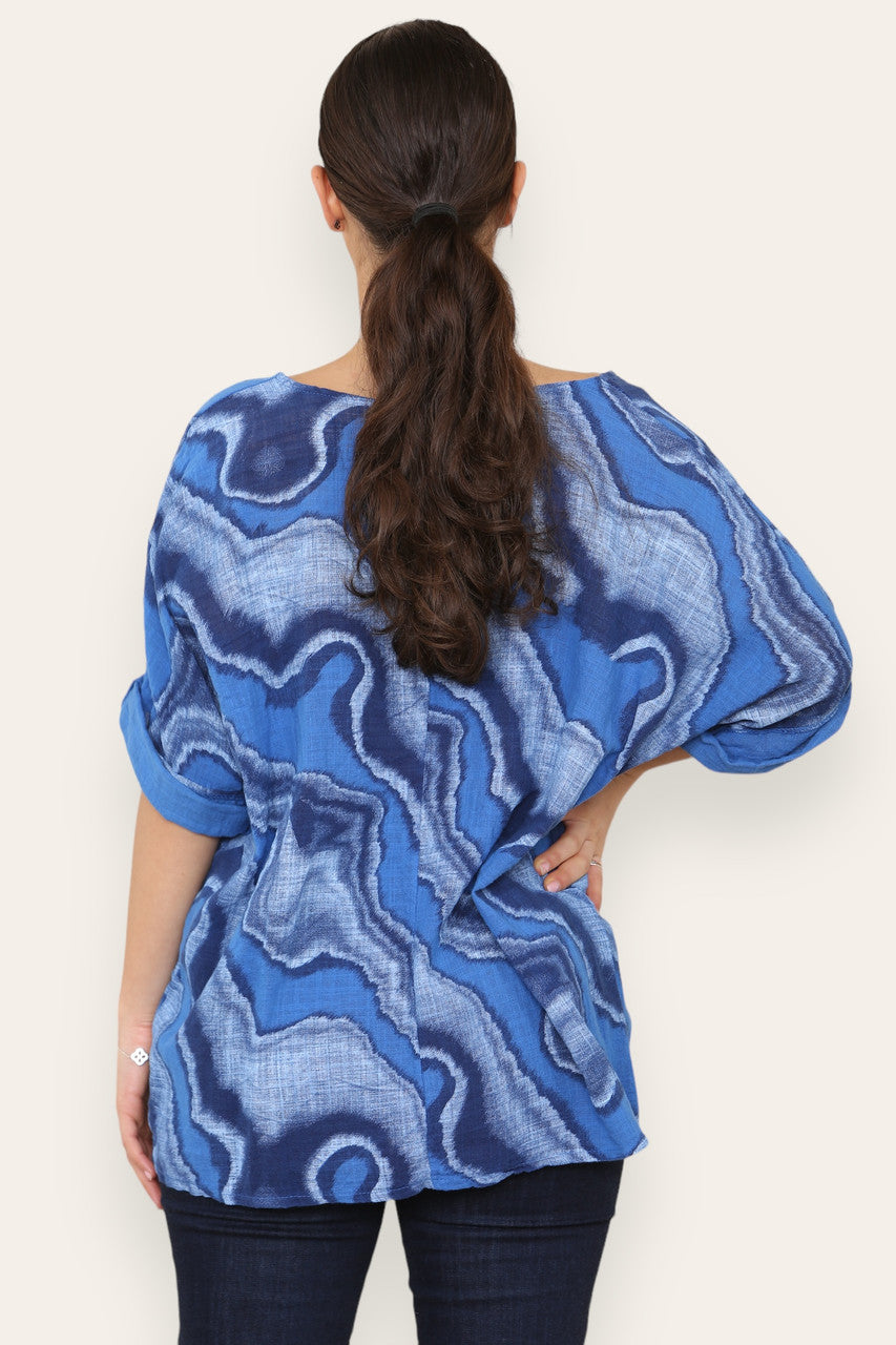 MARBLE SWIRL PRINT TOP ROYAL BLUE