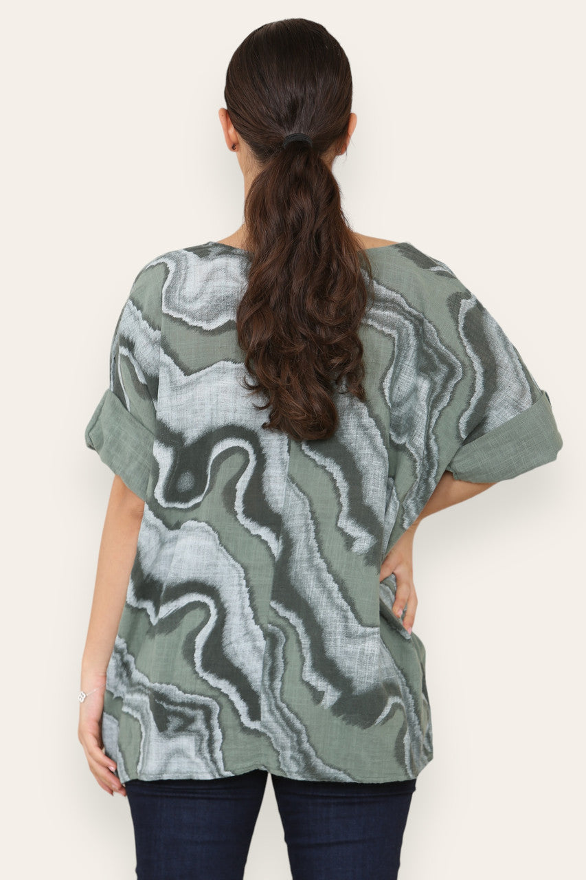 MARBLE SWIRL PRINT TOP KHAKI