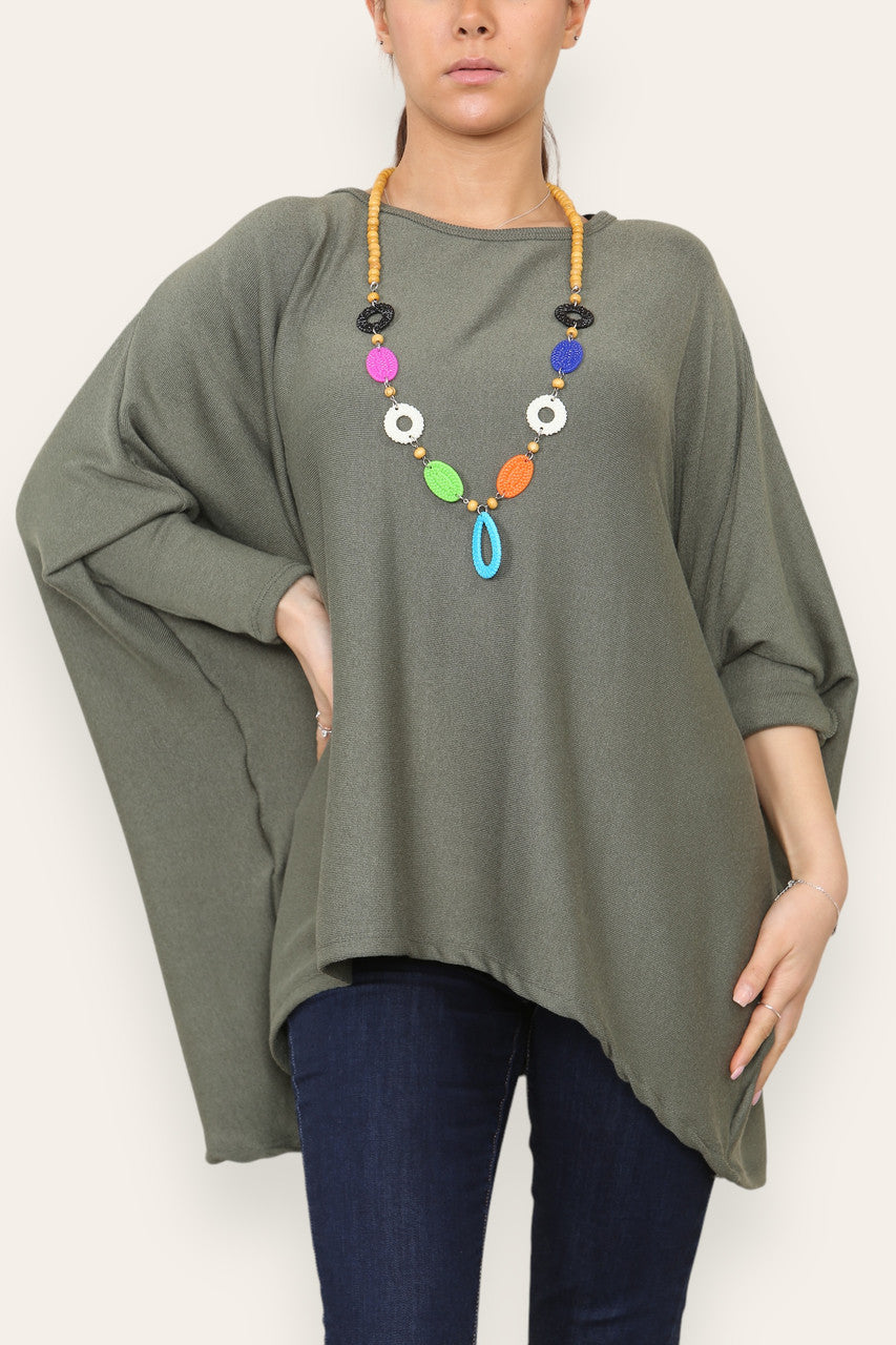 PLAIN FINE KNIT TOP WITH CHUNKY NECKLACE KHAKI