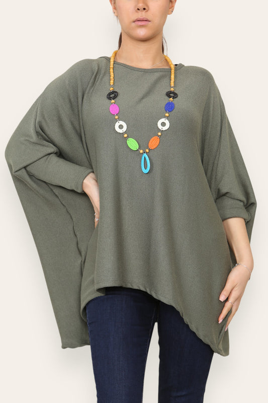 PLAIN FINE KNIT TOP WITH CHUNKY NECKLACE KHAKI