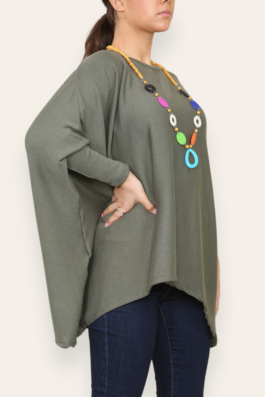 PLAIN FINE KNIT TOP WITH CHUNKY NECKLACE KHAKI