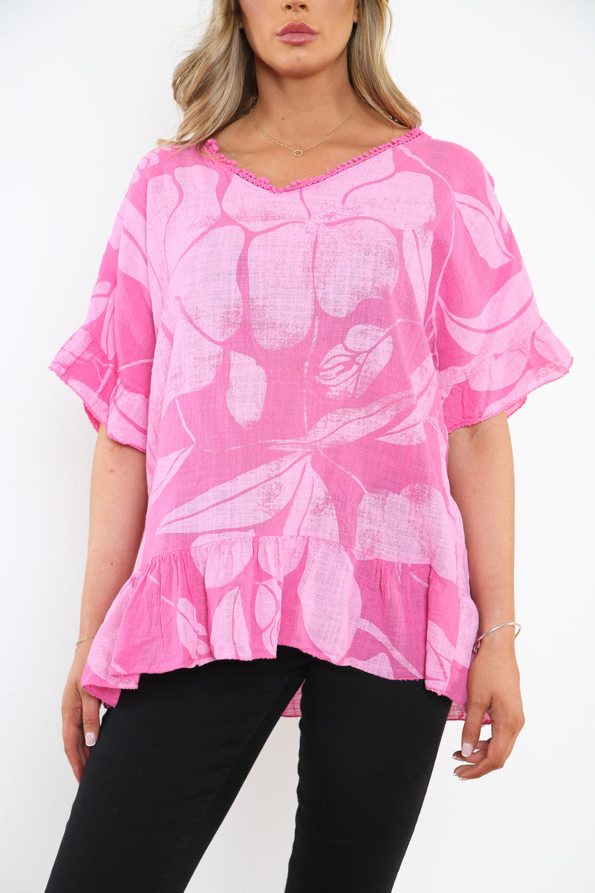 Dames Bloemenprint Top Met Ruches Zoom Cerise