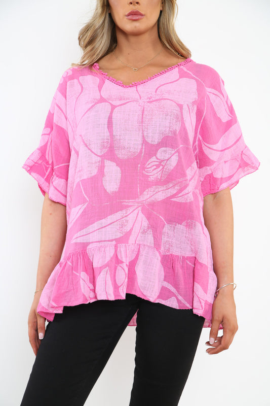 Ladies Floral Print Top With Frill Hem Cerise