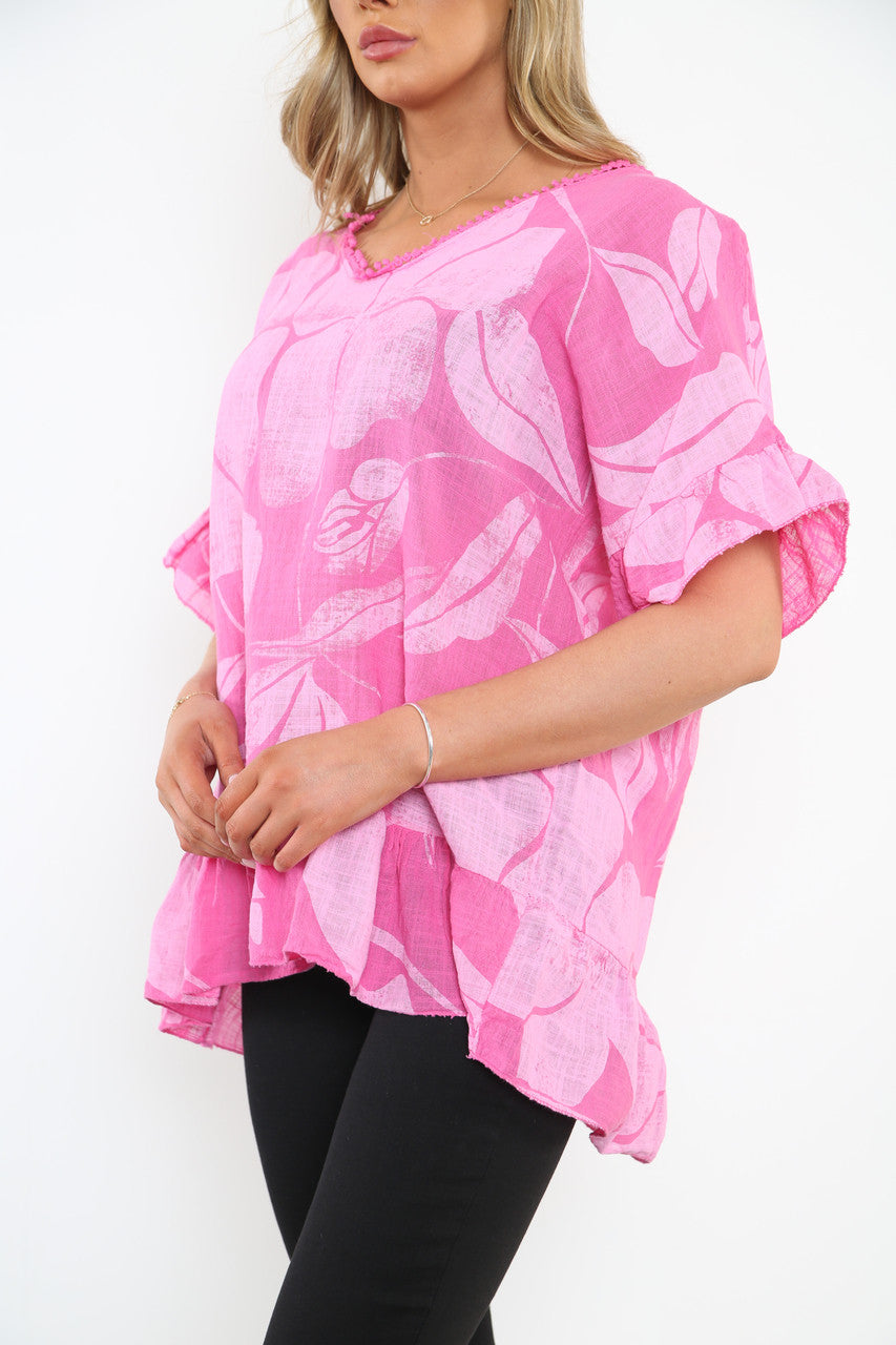 Dames Bloemenprint Top Met Ruches Zoom Cerise