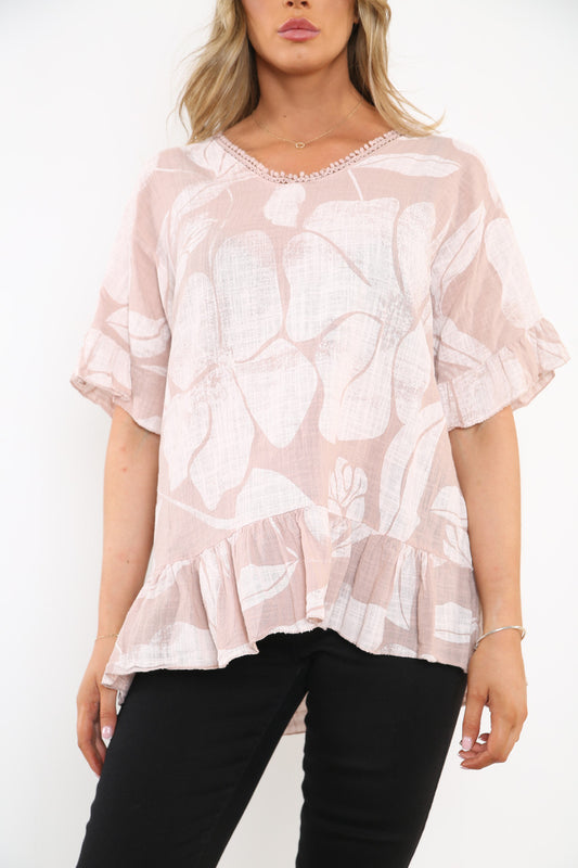 Dames Bloemenprint Top Met Ruches Zoom Stoffig Roze