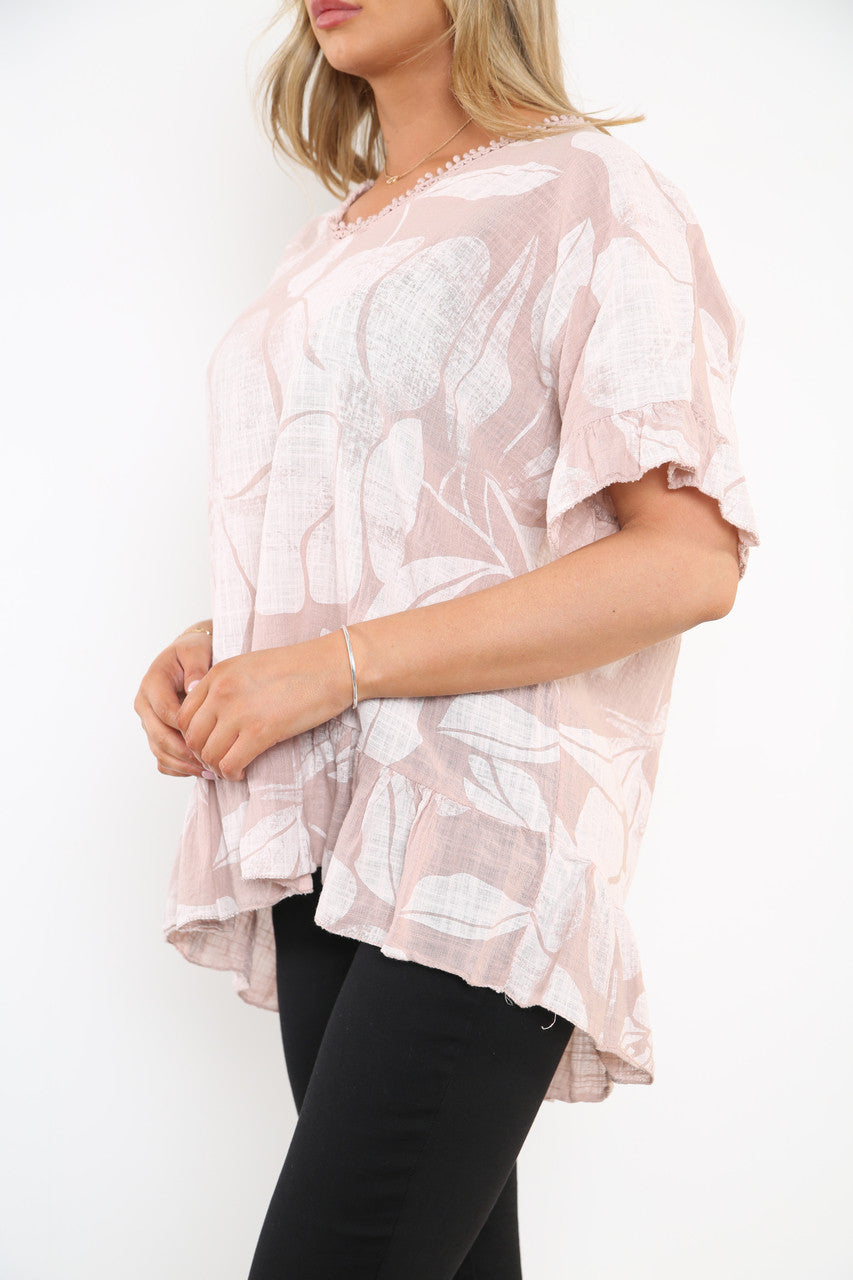 Ladies Floral Print Top With Frill Hem Dusty Pink