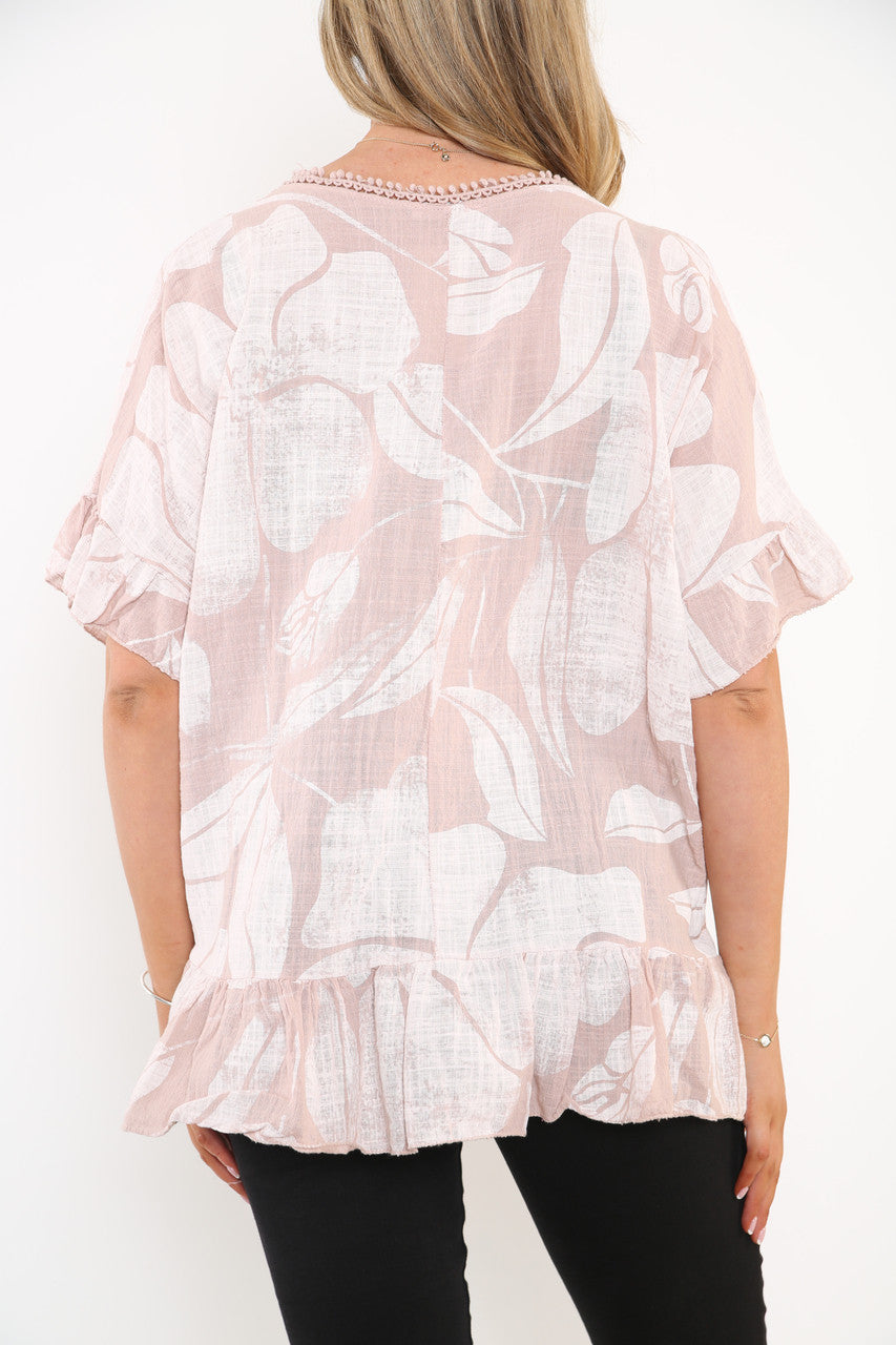 Ladies Floral Print Top With Frill Hem Dusty Pink