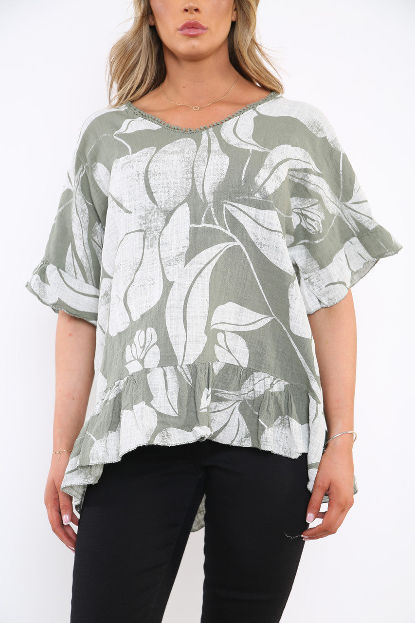 Ladies Floral Print Top With Frill Hem Khaki