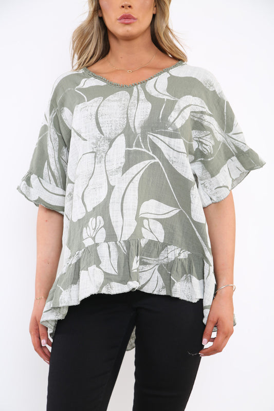 Ladies Floral Print Top With Frill Hem Khaki
