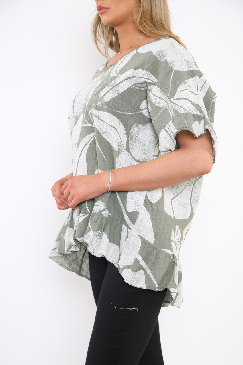 Ladies Floral Print Top With Frill Hem Khaki