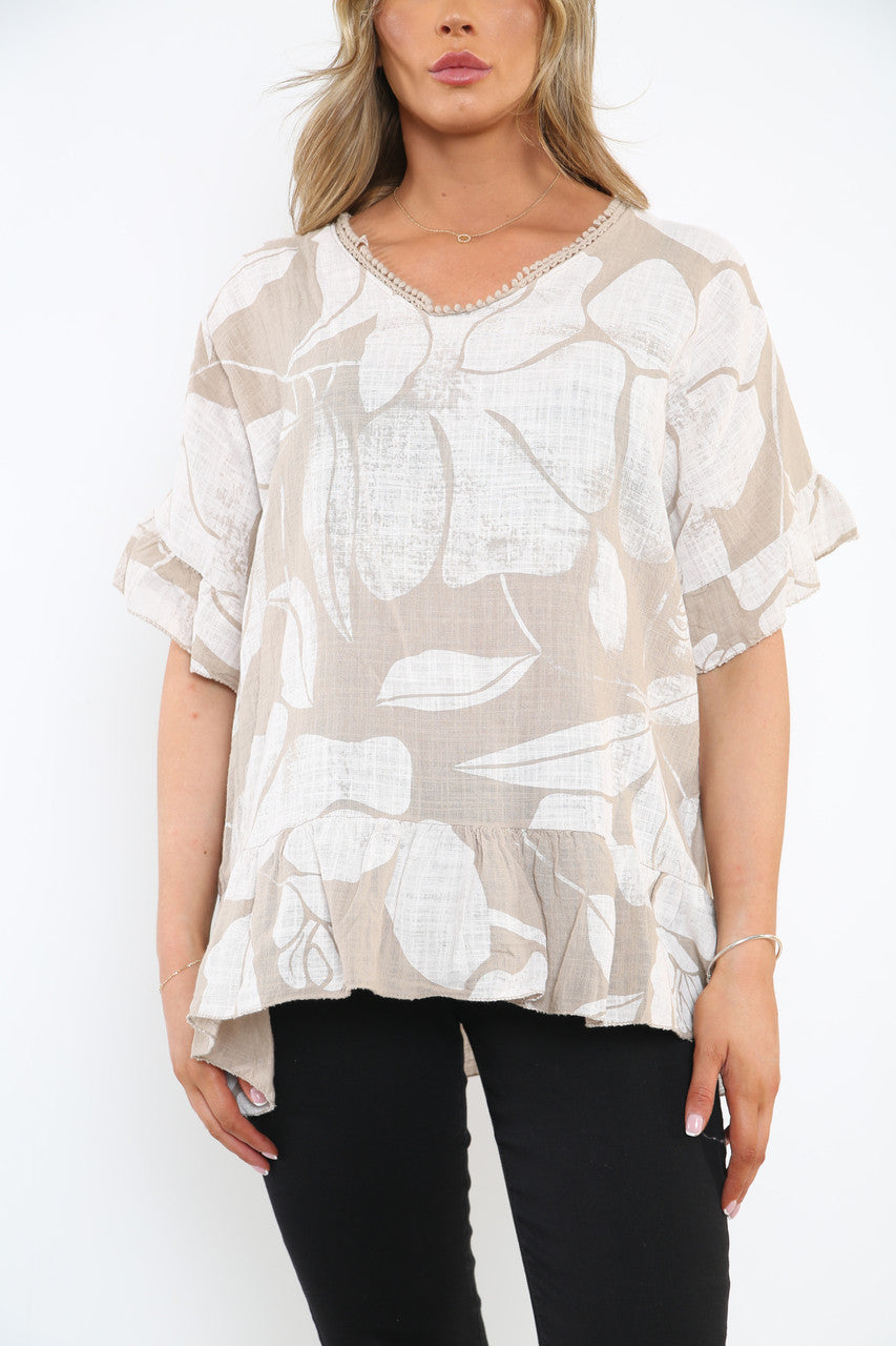 Damesbloes Met Bloemenprint En Rucheszoom Steen