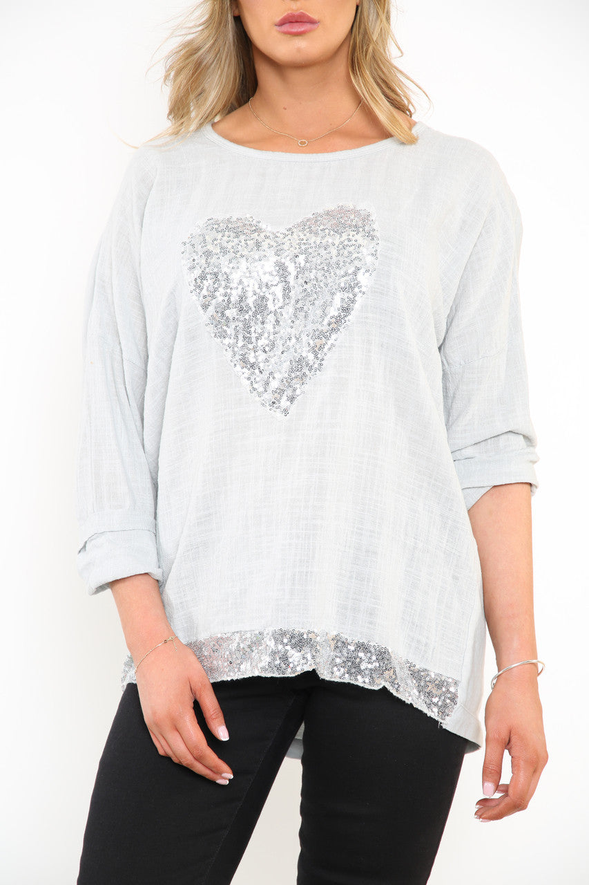 Ladies Sequin Heart & Border Roll Sleeve Top Silver
