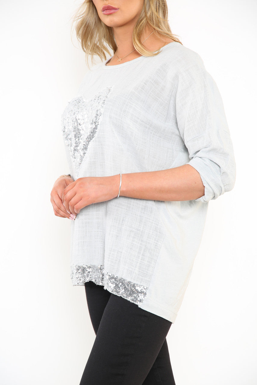 Ladies Sequin Heart & Border Roll Sleeve Top Silver