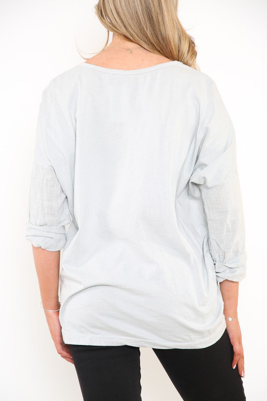Ladies Sequin Heart & Border Roll Sleeve Top Silver