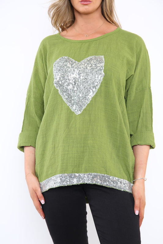 Ladies Sequin Heart & Border Roll Sleeve Top Green