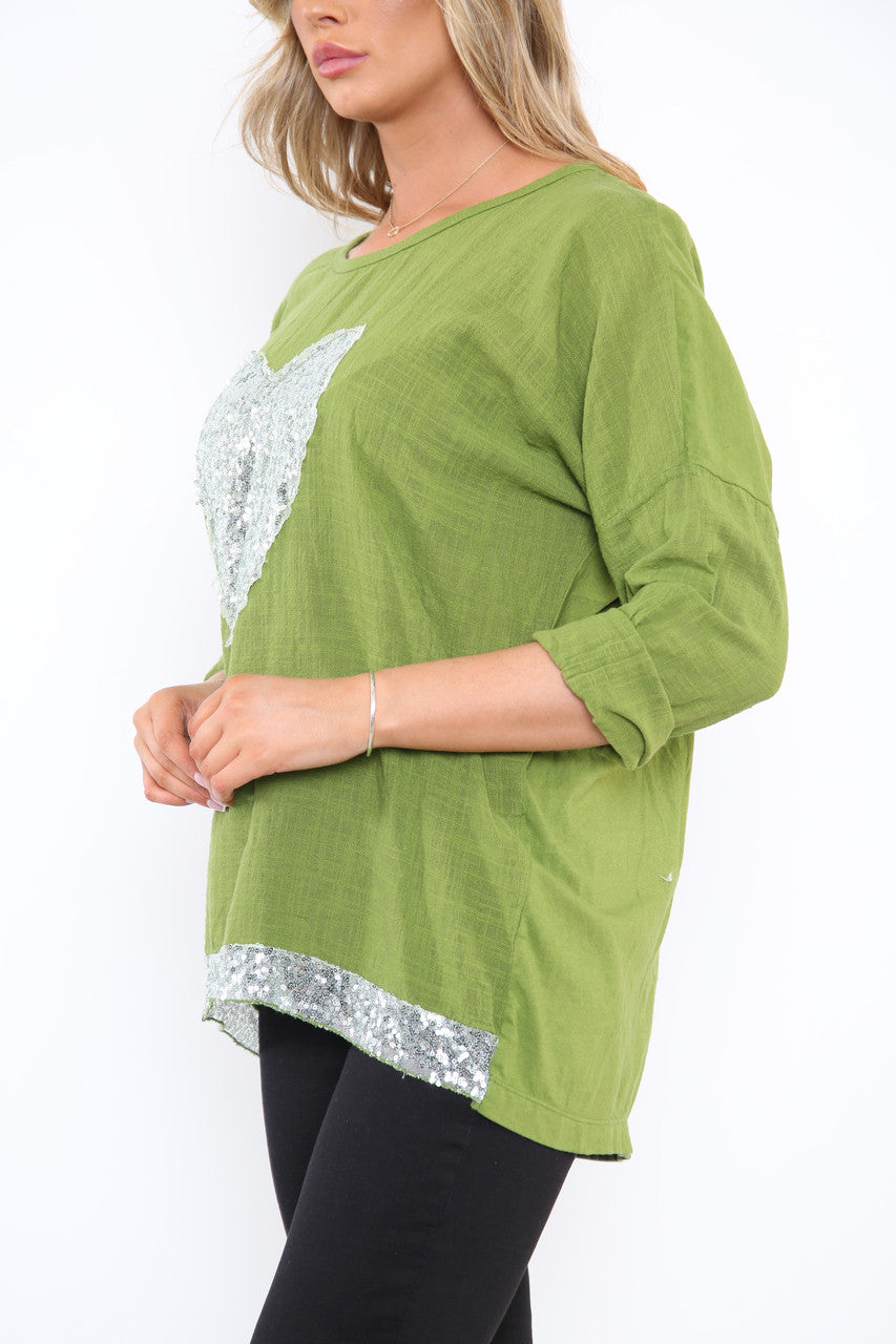 Dames Sequin Hart & Rand Oprolmouw Top Groen