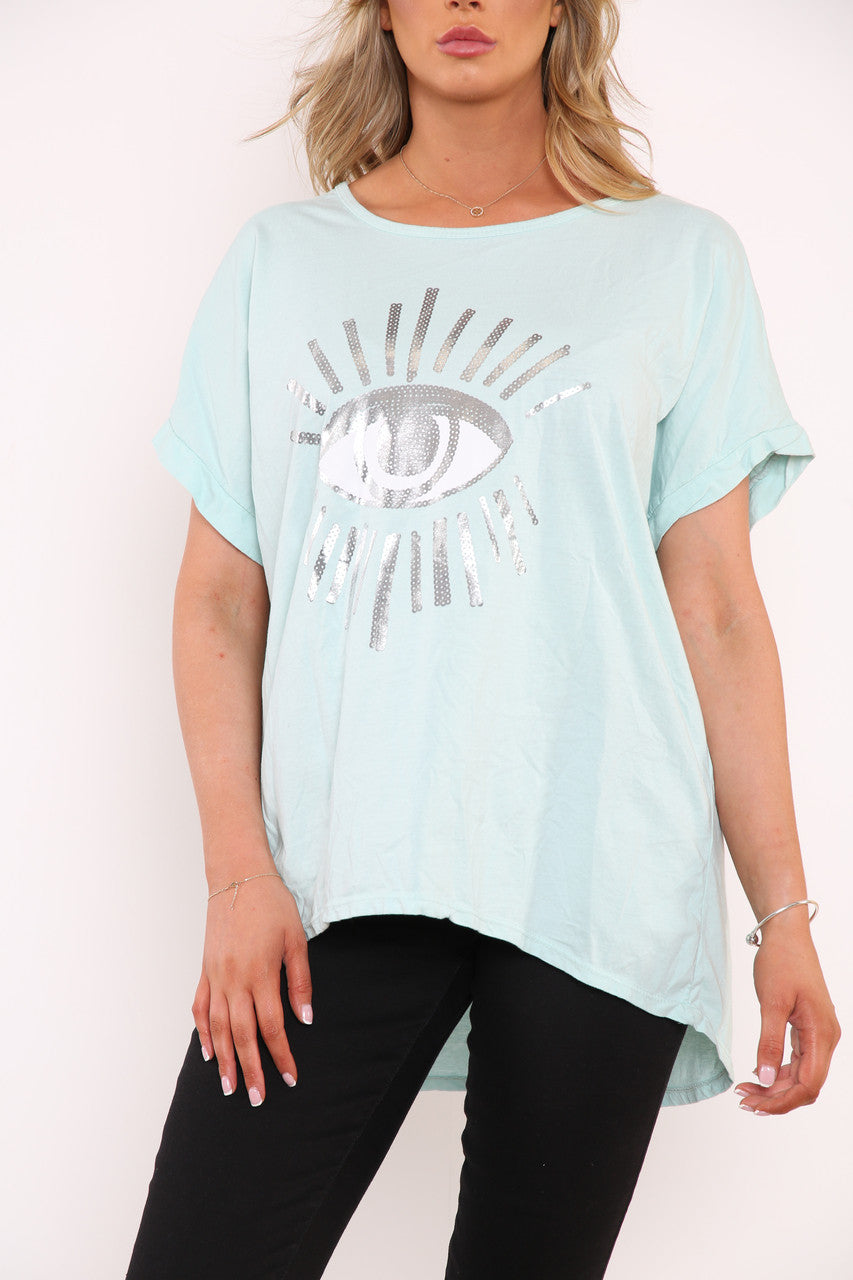 Dames Folie Oog Graphic Top Mint