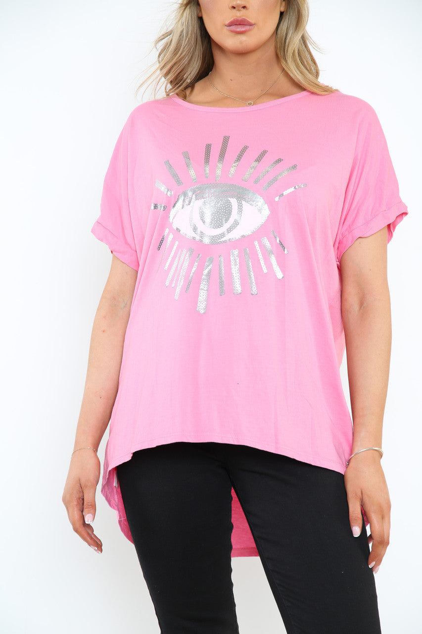 Ladies Foil Eye Graphic Top Pink