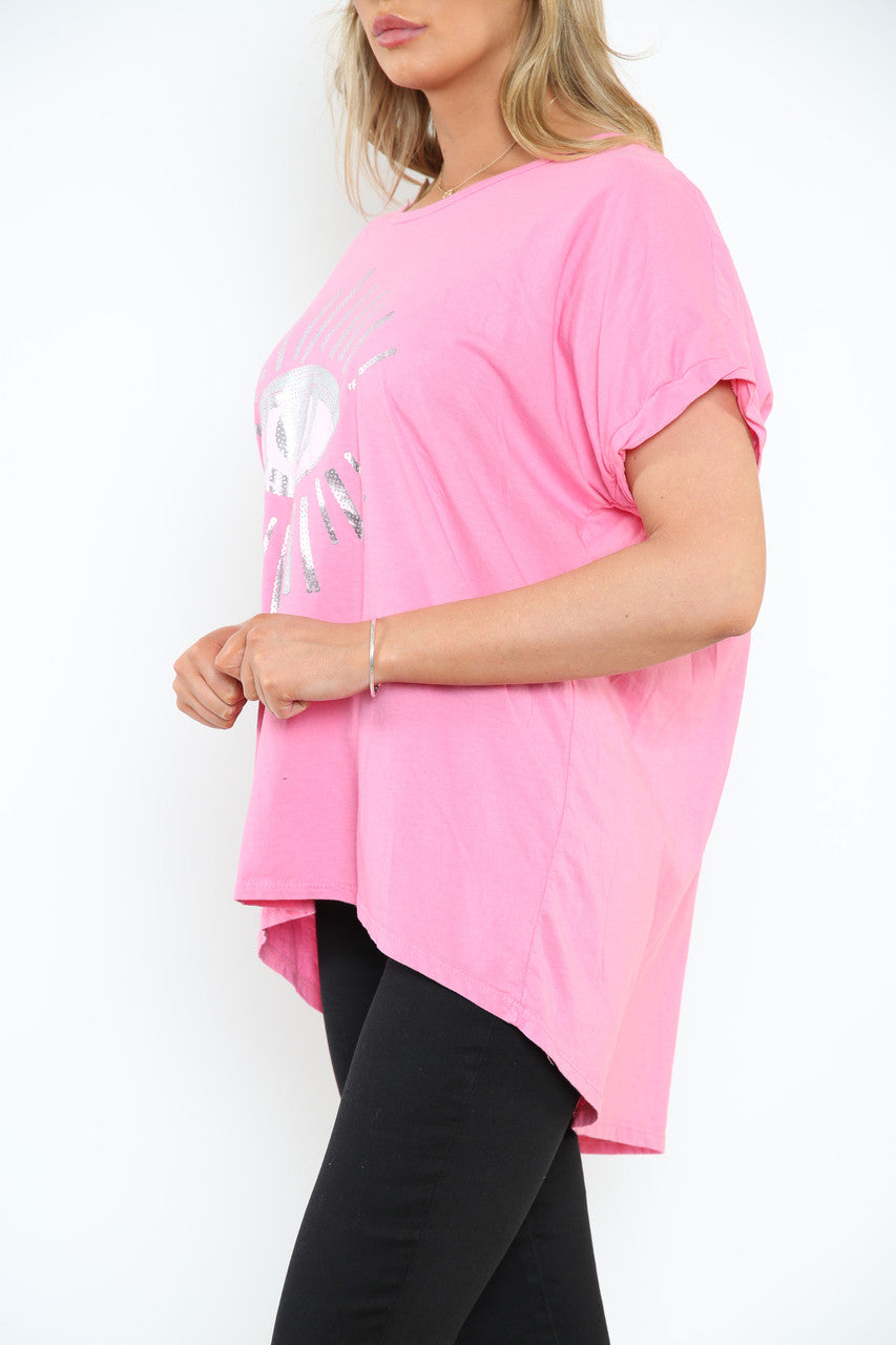 Ladies Foil Eye Graphic Top Pink