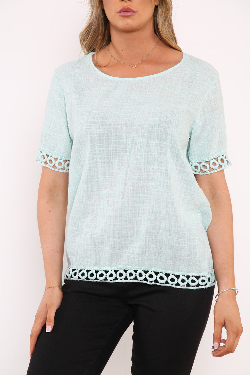 Ladies Crochet Hem Detail Top Light Blue