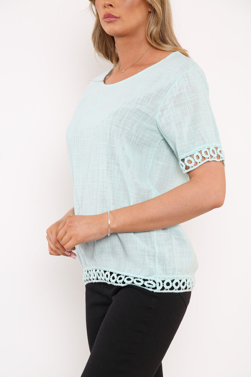 Ladies Crochet Hem Detail Top Light Blue