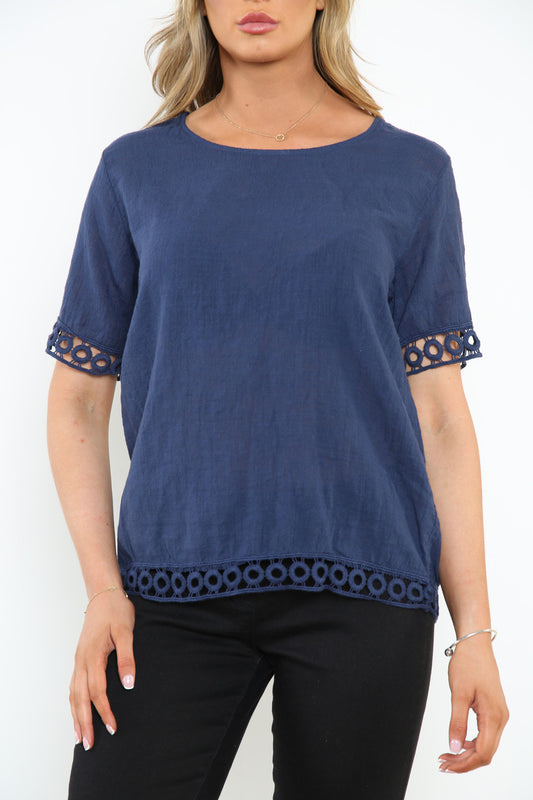 Ladies Crochet Hem Detail Top Navy