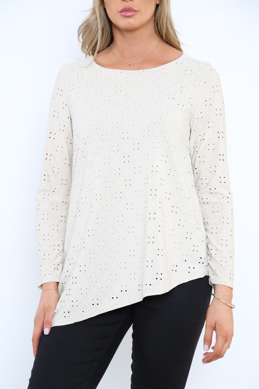 Ladies Diagonal Hemline Broderie Anglaise Top Stone