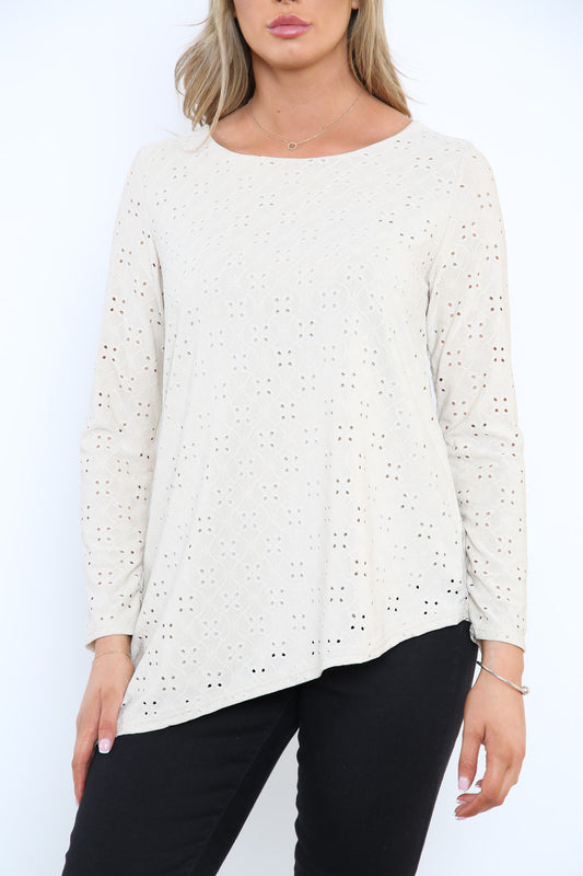 Ladies Diagonal Hemline Broderie Anglaise Top Stone