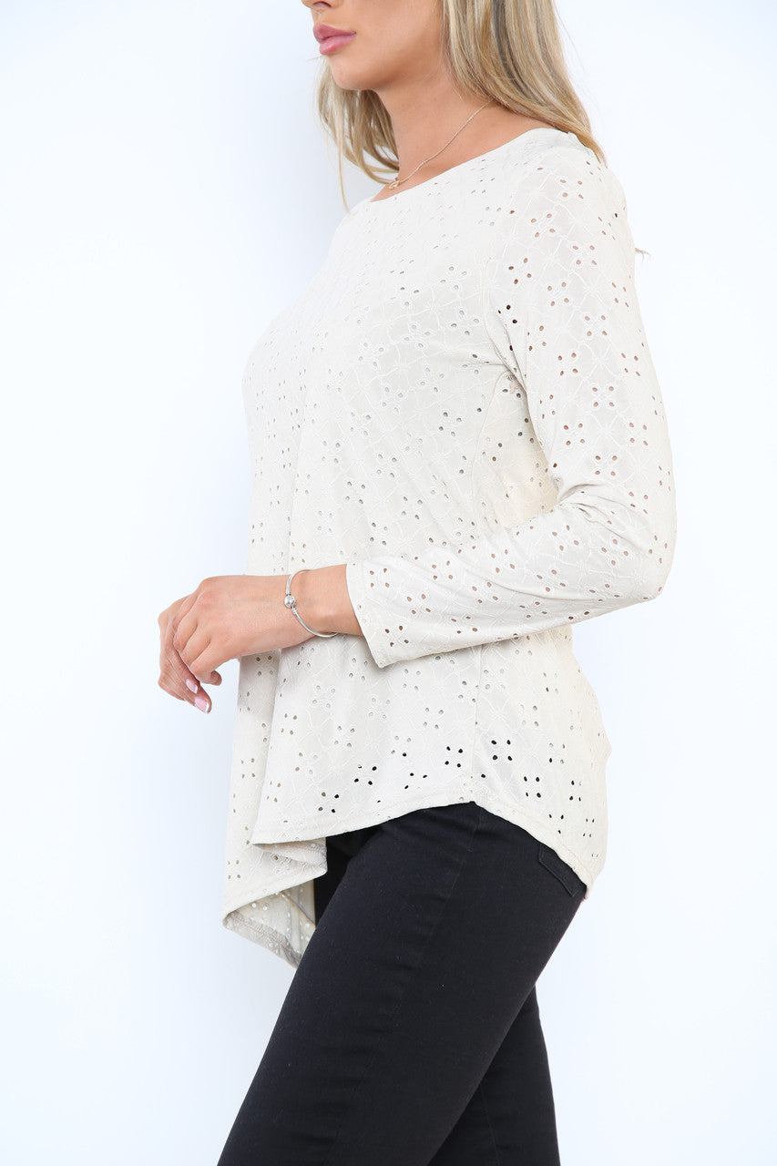 Ladies Diagonal Hemline Broderie Anglaise Top Stone