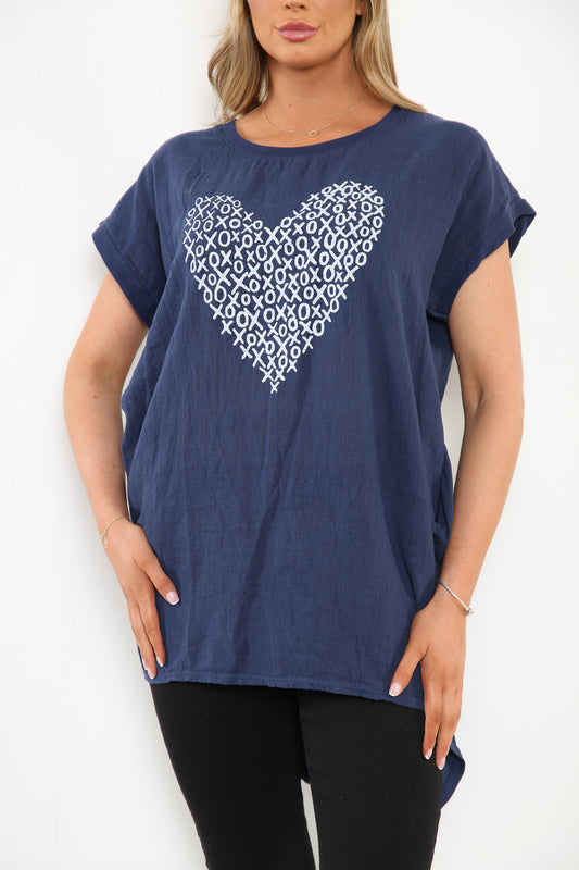 Ladies XO Heart Graphic Top Navy