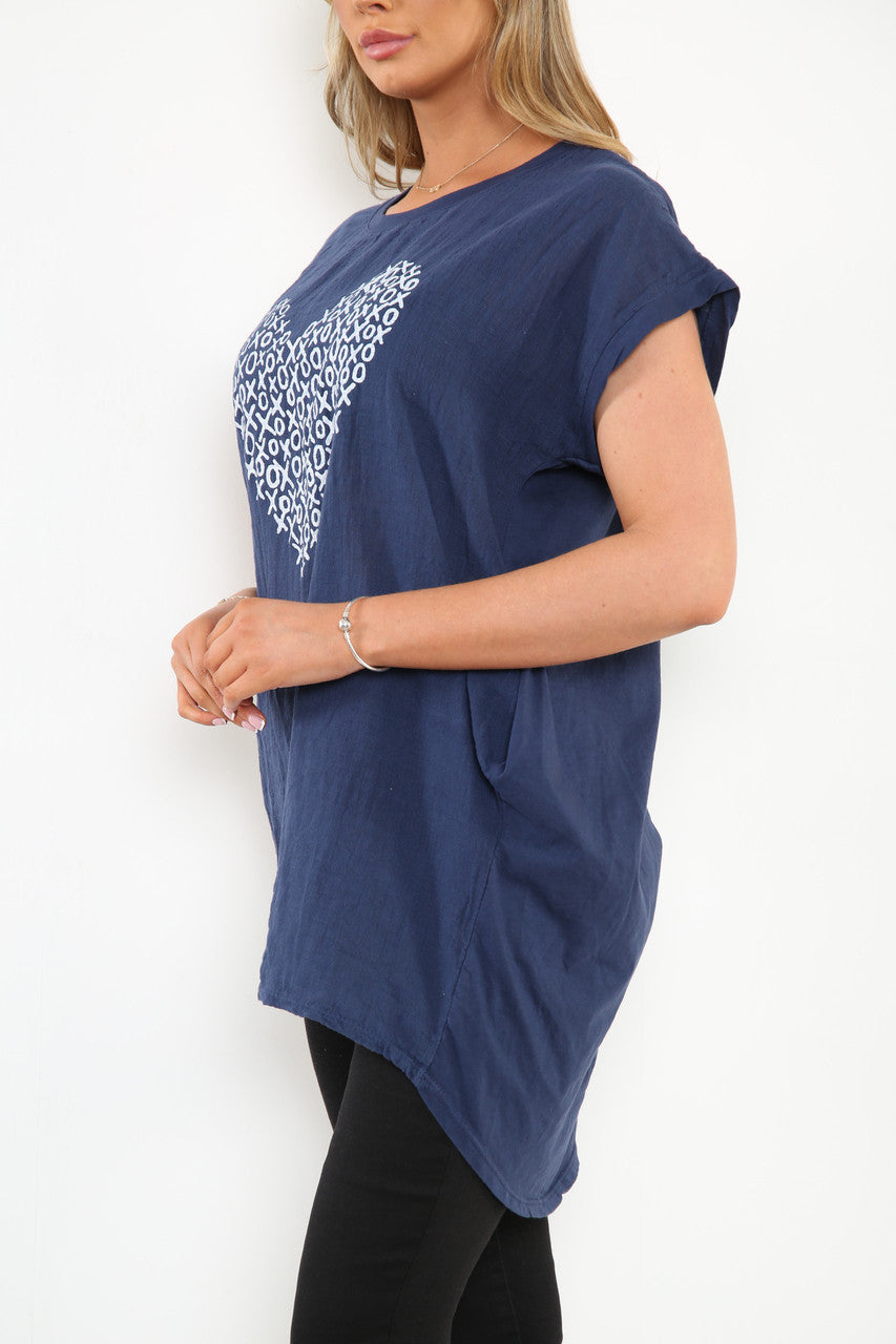 Ladies XO Heart Graphic Top Navy