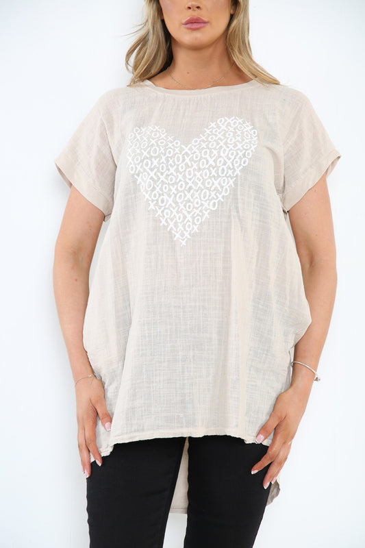 Ladies XO Heart Graphic Top Stone
